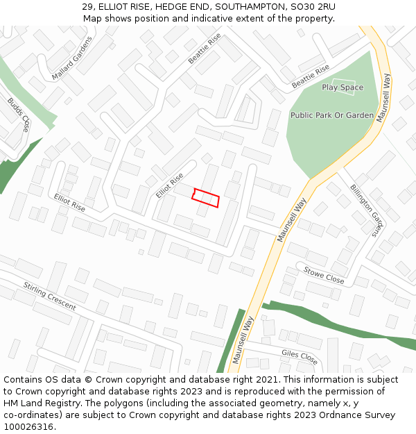 29, ELLIOT RISE, HEDGE END, SOUTHAMPTON, SO30 2RU: Location map and indicative extent of plot