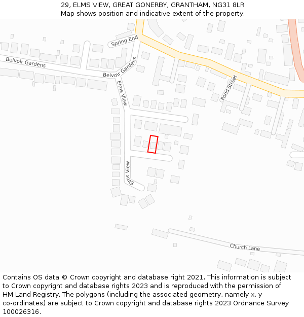 29, ELMS VIEW, GREAT GONERBY, GRANTHAM, NG31 8LR: Location map and indicative extent of plot