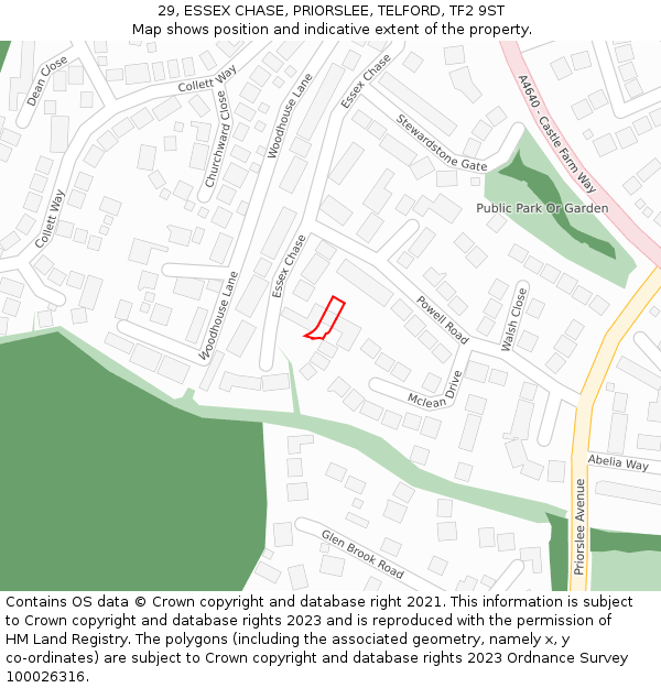 29, ESSEX CHASE, PRIORSLEE, TELFORD, TF2 9ST: Location map and indicative extent of plot