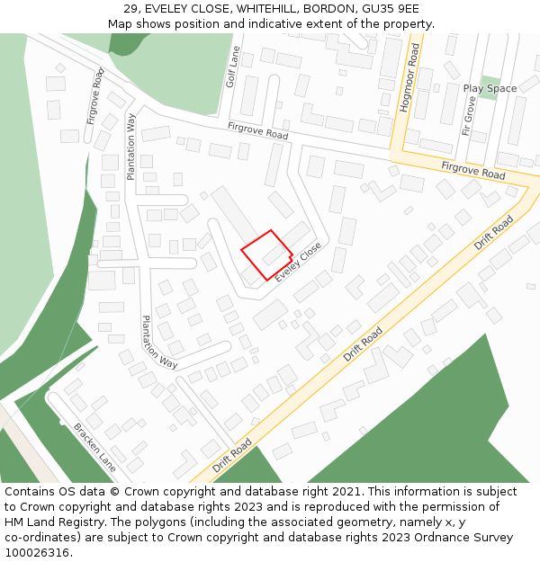 29, EVELEY CLOSE, WHITEHILL, BORDON, GU35 9EE: Location map and indicative extent of plot