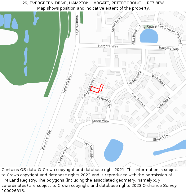 29, EVERGREEN DRIVE, HAMPTON HARGATE, PETERBOROUGH, PE7 8FW: Location map and indicative extent of plot