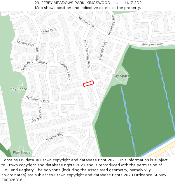 29, FERRY MEADOWS PARK, KINGSWOOD, HULL, HU7 3DF: Location map and indicative extent of plot