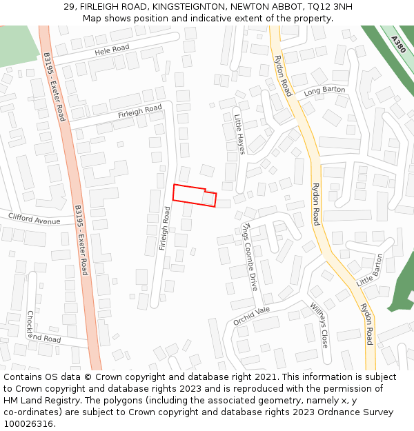 29, FIRLEIGH ROAD, KINGSTEIGNTON, NEWTON ABBOT, TQ12 3NH: Location map and indicative extent of plot