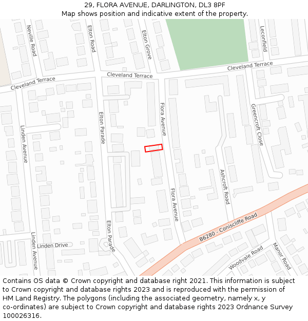 29, FLORA AVENUE, DARLINGTON, DL3 8PF: Location map and indicative extent of plot