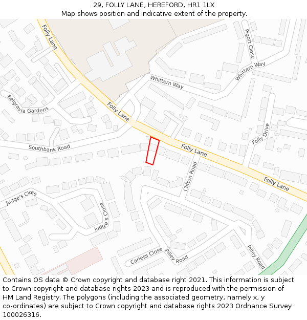 29, FOLLY LANE, HEREFORD, HR1 1LX: Location map and indicative extent of plot
