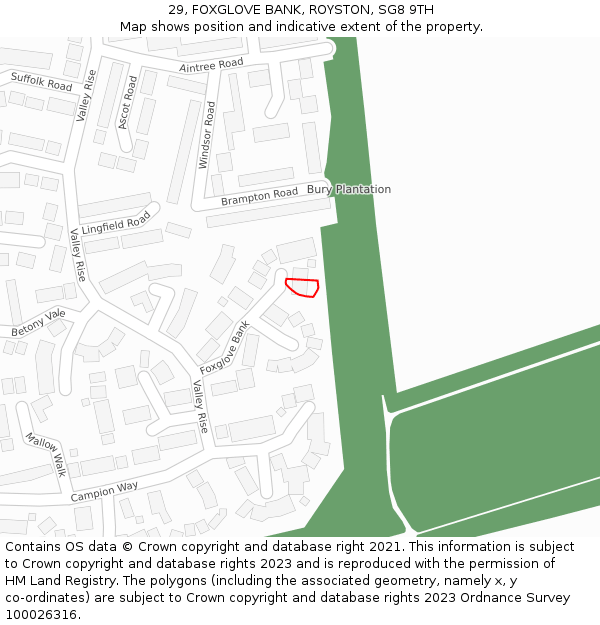 29, FOXGLOVE BANK, ROYSTON, SG8 9TH: Location map and indicative extent of plot
