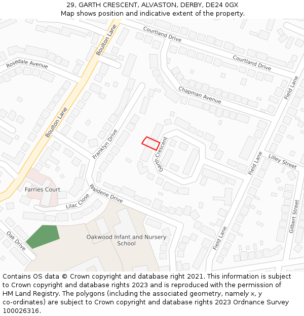 29, GARTH CRESCENT, ALVASTON, DERBY, DE24 0GX: Location map and indicative extent of plot