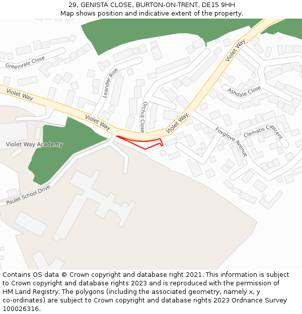 29, GENISTA CLOSE, BURTON-ON-TRENT, DE15 9HH: Location map and indicative extent of plot