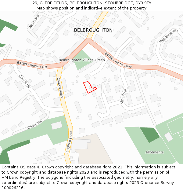 29, GLEBE FIELDS, BELBROUGHTON, STOURBRIDGE, DY9 9TA: Location map and indicative extent of plot