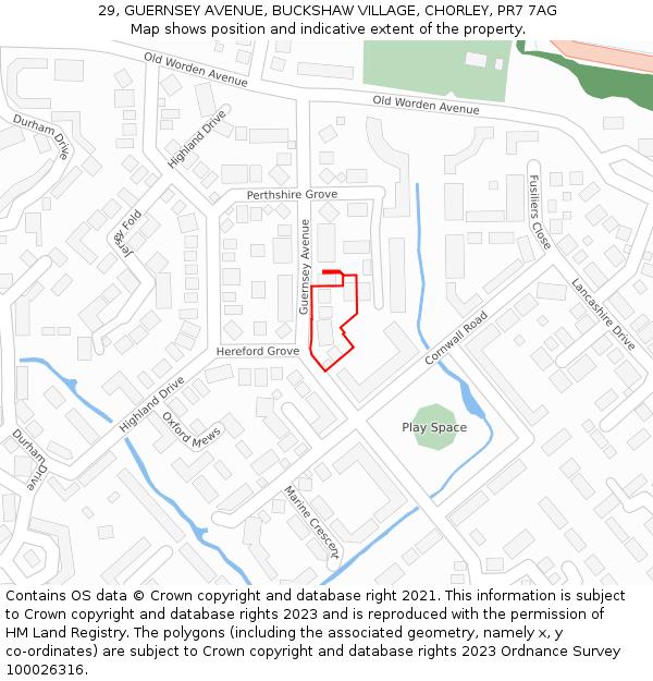 29, GUERNSEY AVENUE, BUCKSHAW VILLAGE, CHORLEY, PR7 7AG: Location map and indicative extent of plot