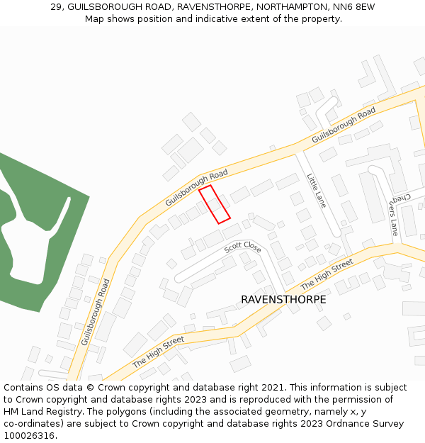 29, GUILSBOROUGH ROAD, RAVENSTHORPE, NORTHAMPTON, NN6 8EW: Location map and indicative extent of plot