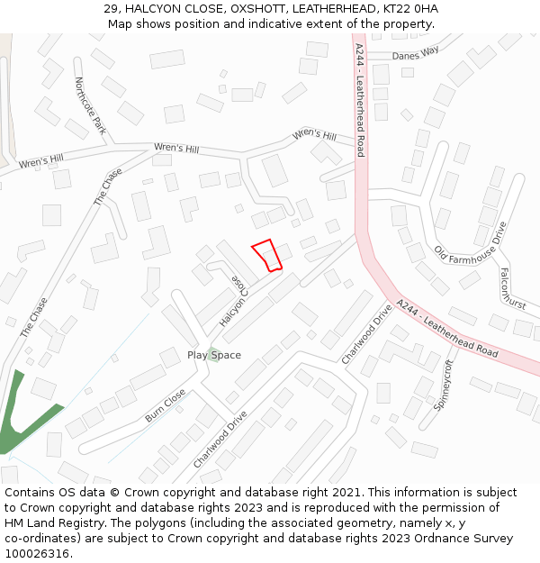 29, HALCYON CLOSE, OXSHOTT, LEATHERHEAD, KT22 0HA: Location map and indicative extent of plot