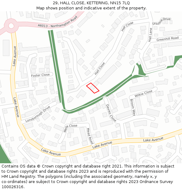 29, HALL CLOSE, KETTERING, NN15 7LQ: Location map and indicative extent of plot