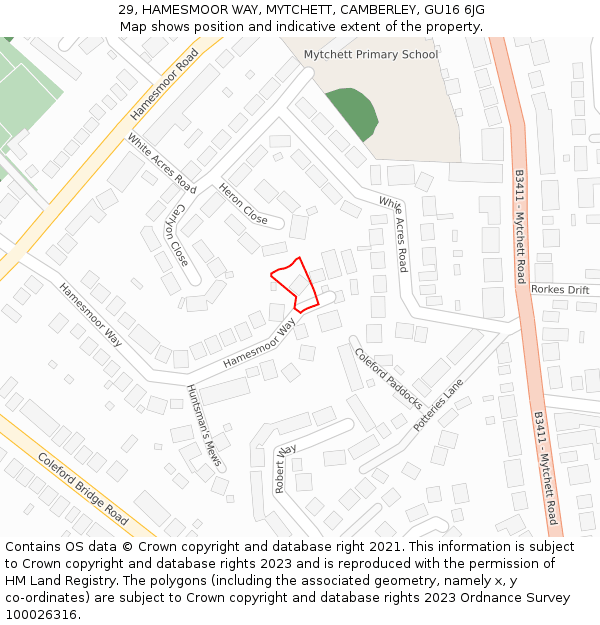 29, HAMESMOOR WAY, MYTCHETT, CAMBERLEY, GU16 6JG: Location map and indicative extent of plot