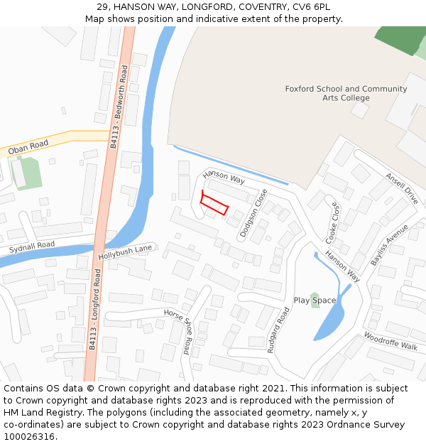 29, HANSON WAY, LONGFORD, COVENTRY, CV6 6PL: Location map and indicative extent of plot