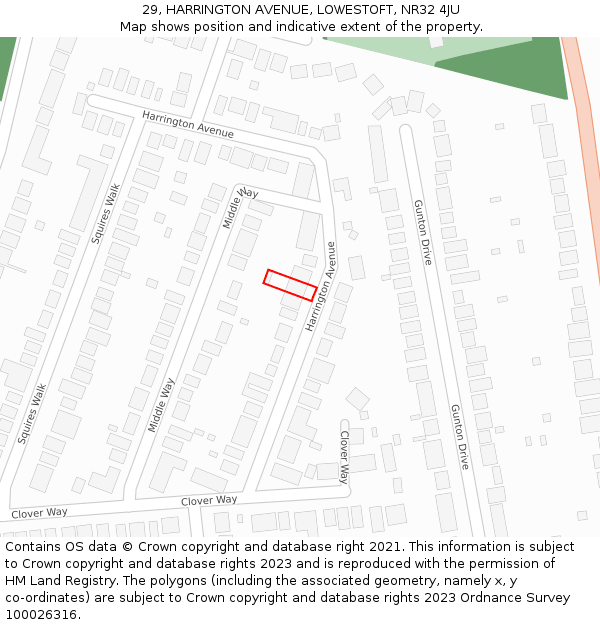 29, HARRINGTON AVENUE, LOWESTOFT, NR32 4JU: Location map and indicative extent of plot