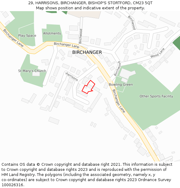 29, HARRISONS, BIRCHANGER, BISHOP'S STORTFORD, CM23 5QT: Location map and indicative extent of plot