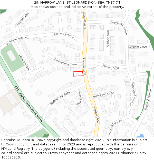 29, HARROW LANE, ST LEONARDS-ON-SEA, TN37 7JT: Location map and indicative extent of plot