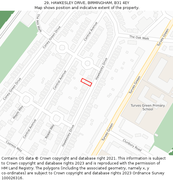 29, HAWKESLEY DRIVE, BIRMINGHAM, B31 4EY: Location map and indicative extent of plot