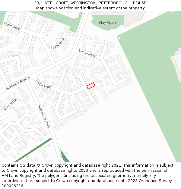 29, HAZEL CROFT, WERRINGTON, PETERBOROUGH, PE4 5BJ: Location map and indicative extent of plot