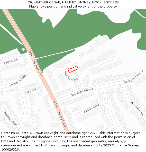 29, HEATHER GROVE, HARTLEY WINTNEY, HOOK, RG27 8SE: Location map and indicative extent of plot
