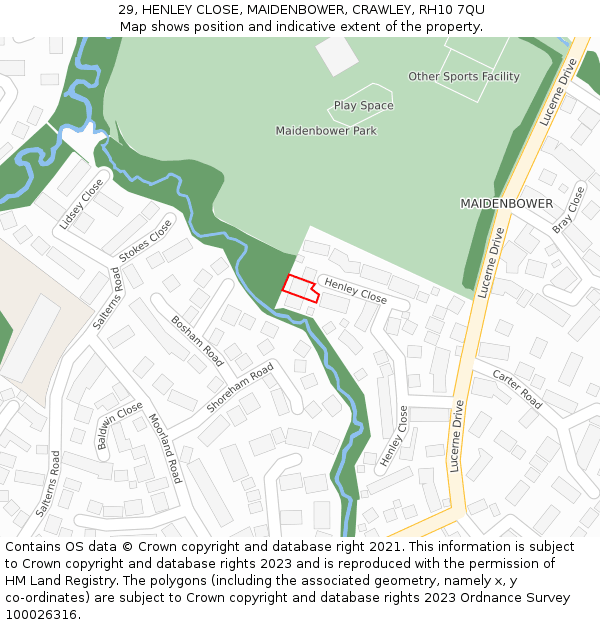29, HENLEY CLOSE, MAIDENBOWER, CRAWLEY, RH10 7QU: Location map and indicative extent of plot