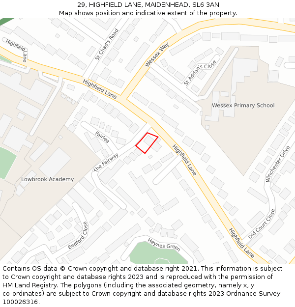 29, HIGHFIELD LANE, MAIDENHEAD, SL6 3AN: Location map and indicative extent of plot
