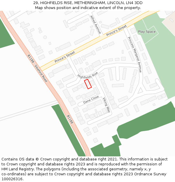 29, HIGHFIELDS RISE, METHERINGHAM, LINCOLN, LN4 3DD: Location map and indicative extent of plot