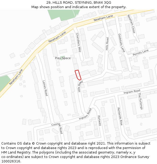 29, HILLS ROAD, STEYNING, BN44 3QG: Location map and indicative extent of plot
