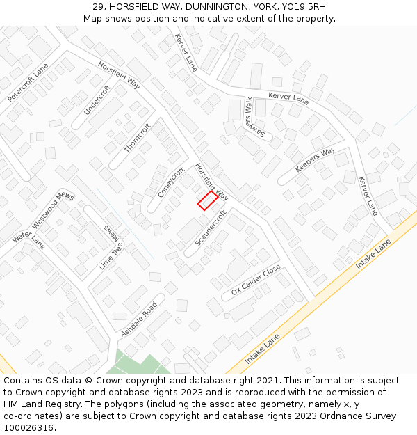 29, HORSFIELD WAY, DUNNINGTON, YORK, YO19 5RH: Location map and indicative extent of plot