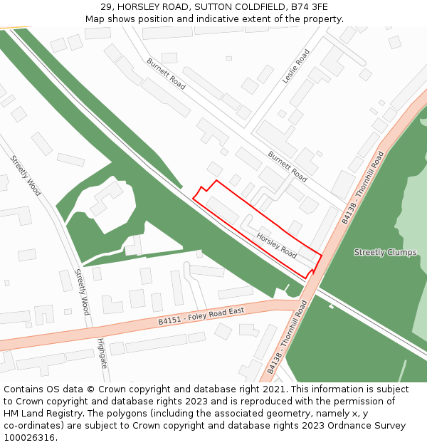 29, HORSLEY ROAD, SUTTON COLDFIELD, B74 3FE: Location map and indicative extent of plot