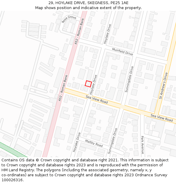29, HOYLAKE DRIVE, SKEGNESS, PE25 1AE: Location map and indicative extent of plot