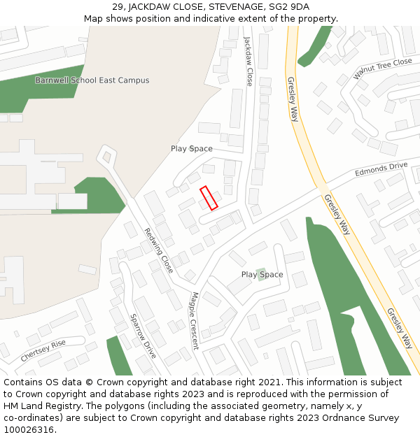 29, JACKDAW CLOSE, STEVENAGE, SG2 9DA: Location map and indicative extent of plot