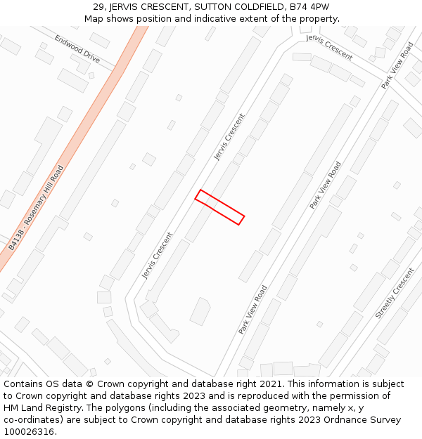 29, JERVIS CRESCENT, SUTTON COLDFIELD, B74 4PW: Location map and indicative extent of plot