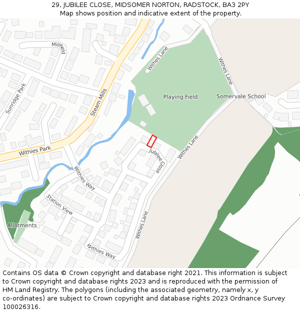 29, JUBILEE CLOSE, MIDSOMER NORTON, RADSTOCK, BA3 2PY: Location map and indicative extent of plot