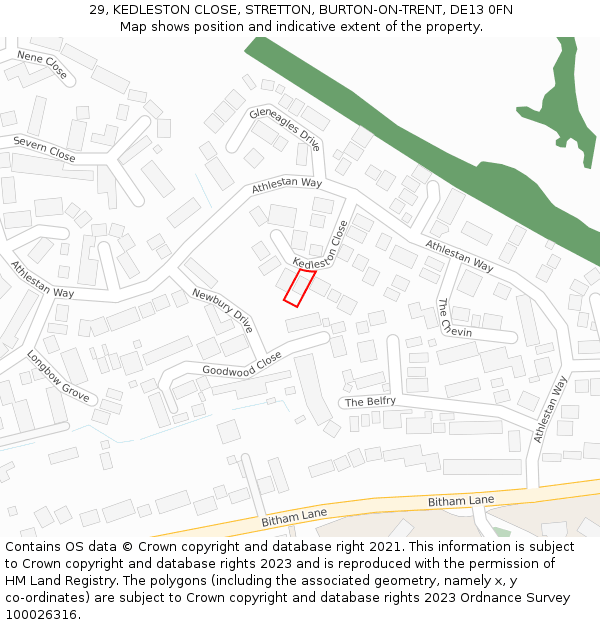 29, KEDLESTON CLOSE, STRETTON, BURTON-ON-TRENT, DE13 0FN: Location map and indicative extent of plot