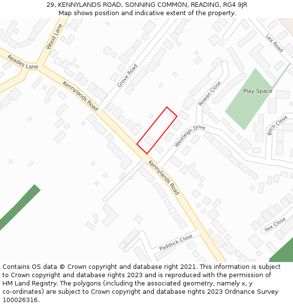 29, KENNYLANDS ROAD, SONNING COMMON, READING, RG4 9JR: Location map and indicative extent of plot