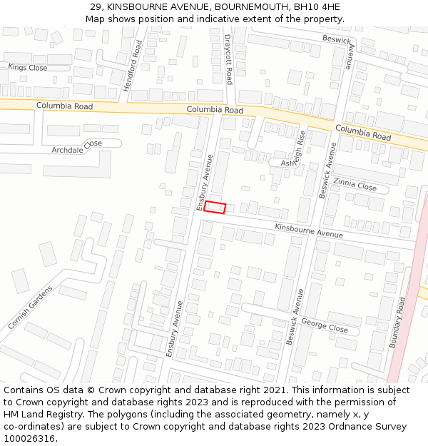 29, KINSBOURNE AVENUE, BOURNEMOUTH, BH10 4HE: Location map and indicative extent of plot