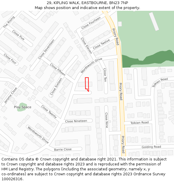 29, KIPLING WALK, EASTBOURNE, BN23 7NP: Location map and indicative extent of plot