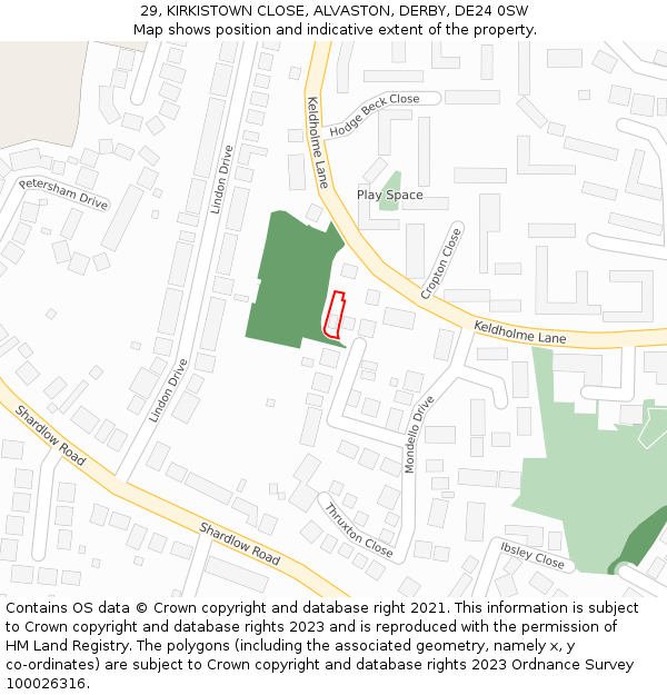 29, KIRKISTOWN CLOSE, ALVASTON, DERBY, DE24 0SW: Location map and indicative extent of plot
