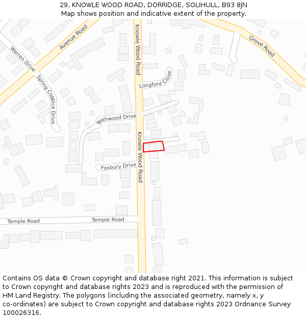29, KNOWLE WOOD ROAD, DORRIDGE, SOLIHULL, B93 8JN: Location map and indicative extent of plot
