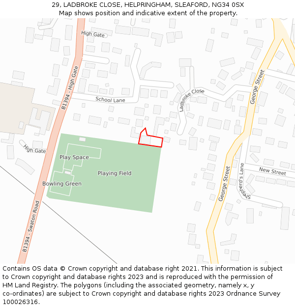 29, LADBROKE CLOSE, HELPRINGHAM, SLEAFORD, NG34 0SX: Location map and indicative extent of plot