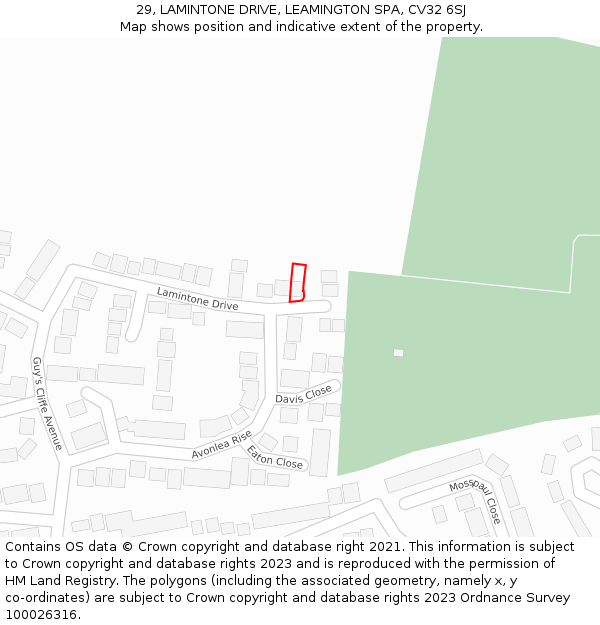 29, LAMINTONE DRIVE, LEAMINGTON SPA, CV32 6SJ: Location map and indicative extent of plot
