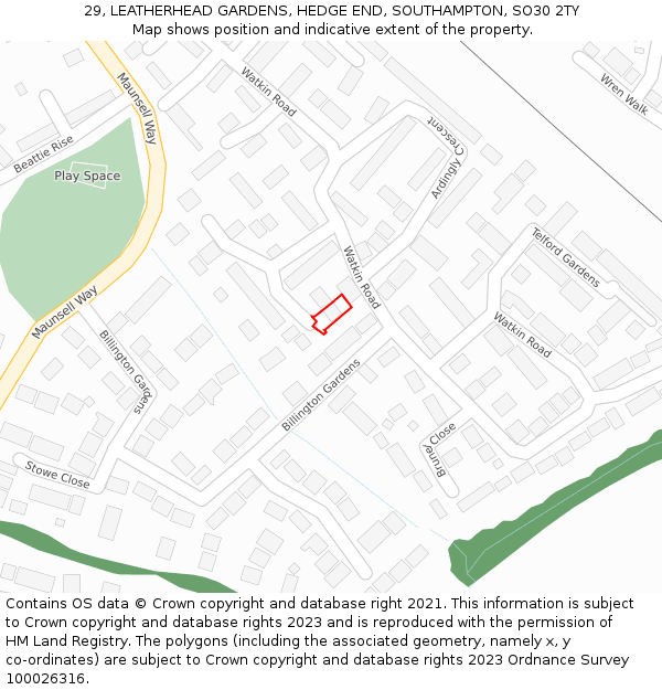29, LEATHERHEAD GARDENS, HEDGE END, SOUTHAMPTON, SO30 2TY: Location map and indicative extent of plot
