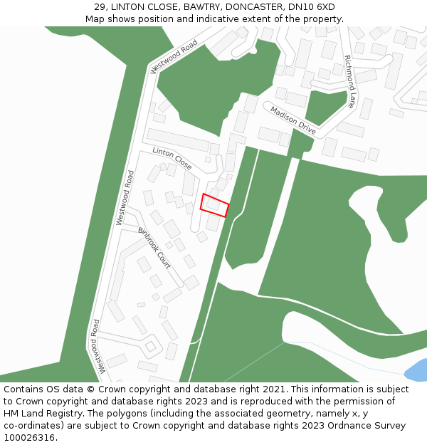 29, LINTON CLOSE, BAWTRY, DONCASTER, DN10 6XD: Location map and indicative extent of plot
