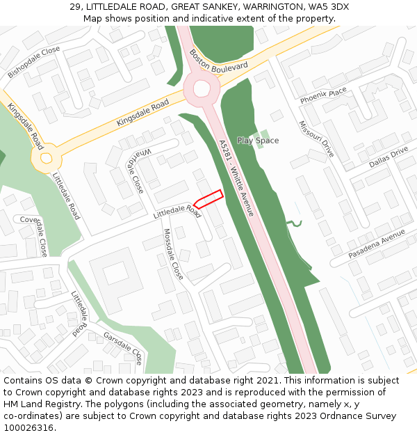29, LITTLEDALE ROAD, GREAT SANKEY, WARRINGTON, WA5 3DX: Location map and indicative extent of plot