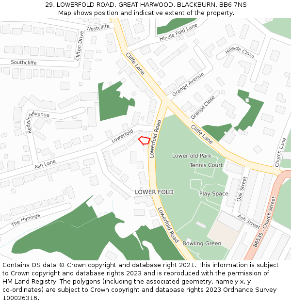 29, LOWERFOLD ROAD, GREAT HARWOOD, BLACKBURN, BB6 7NS: Location map and indicative extent of plot