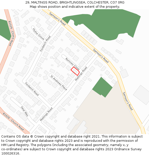 29, MALTINGS ROAD, BRIGHTLINGSEA, COLCHESTER, CO7 0RG: Location map and indicative extent of plot