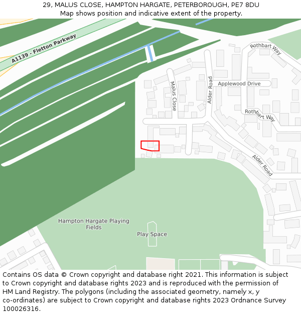 29, MALUS CLOSE, HAMPTON HARGATE, PETERBOROUGH, PE7 8DU: Location map and indicative extent of plot