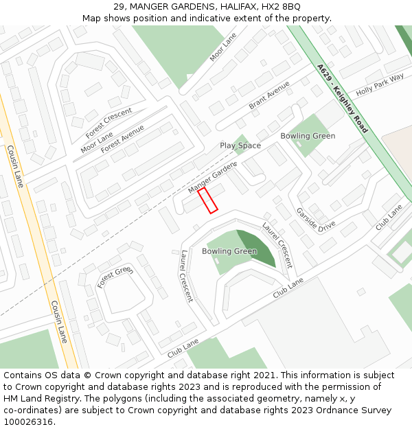 29, MANGER GARDENS, HALIFAX, HX2 8BQ: Location map and indicative extent of plot